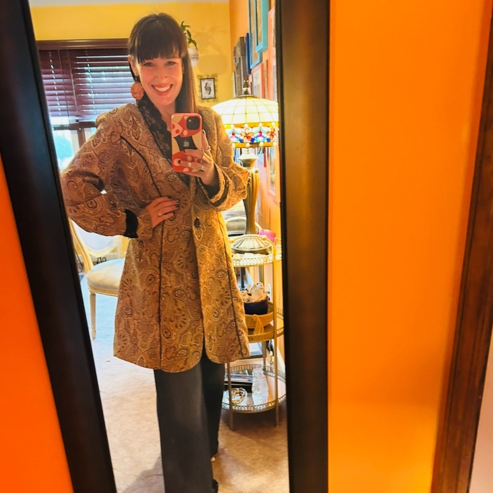 Lavender + Honey Metallic Brocade Duster Coat – Lace Trim, Size L